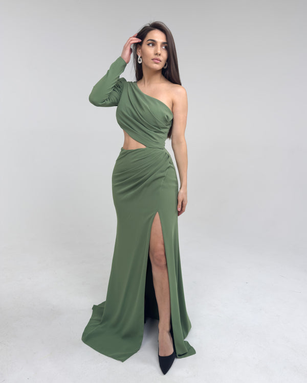 Rochie verde eleganta lunga cu o maneca