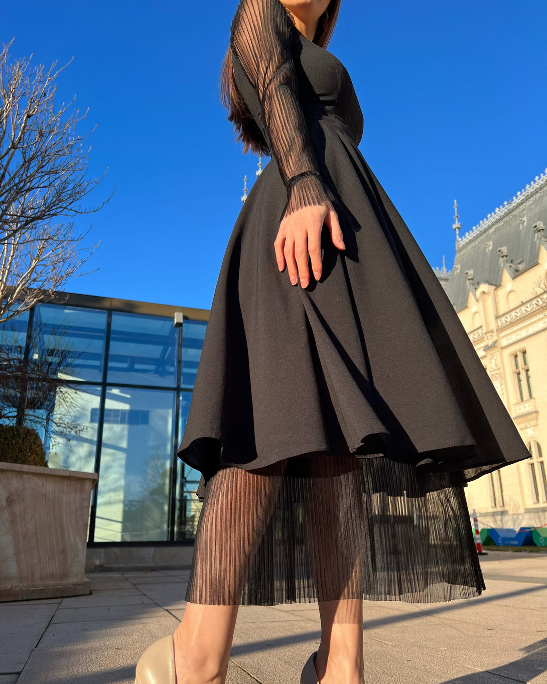 Rochie de ocazie neagra cu maneci transparente - BELLADRESS